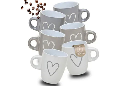 matches21 HOME & HOBBY Tasse Espresso-Tassen Herz-Dekor 6er Set dickwandige Keramik, 50 ml, 6-tlg., Keramik, Kleine Landhaus-Stil Vintage Henkel Herz Kaffee-Tassen