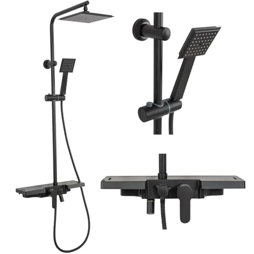 Rea Duschsäule SET BRAVO BLACK - Elegantes Duschsystem in Schwarz - Badewannen- & Duschsysteme mit großer 21 x 21 cm Kopfbrause für ein luxuriöses Duscherlebnis und einfacher Aufputzmontage.