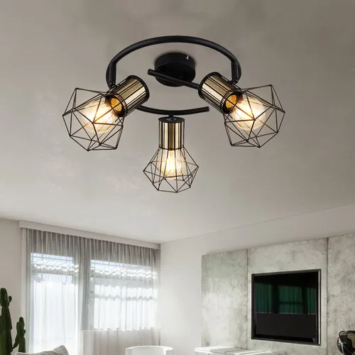 Vintage Deckenlampe 3-flammig mit verstellbaren Spots - Lampen – Stilvolle Deckenleuchte im Retro-Design mit verstellbaren Metallgeflecht-Schirmen und drei E27 Fassungen für individuelle Beleuchtung.