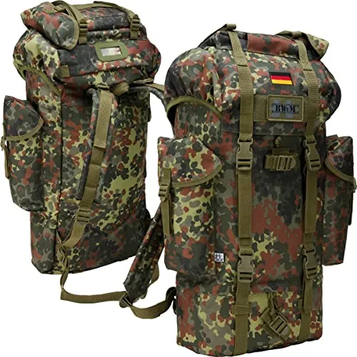 BWuM Bundeswehr Kampfrucksack 65L mit Patch & Flagge - Robuster 65L Daypack für Outdoor-Aktivitäten, mit variablen Klettflächen für Patches und optimalem Tragekomfort dank gepolsterter Gurte. Ideal für Camping und Survival.