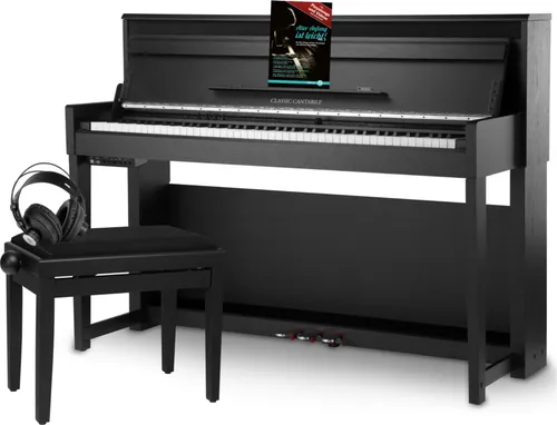 Classic Cantabile UP-1 SM Upright E-Piano Deluxe Set - Keyboards mit 88 gewichteten Tasten, hochwertigem OLED-Display und umfangreicher Ausstattung. Ideal für Einsteiger und Profis, inklusive Pianobank, Kopfhörer und Klavierschule.