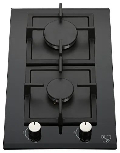K&H Domino Glas Gaskochfeld 30cm [2 ZONEN] - Gasherdplatte Erdgas - Thermoelement Flammenaustrittssystem - 2Z-KHG - Gasbetrieben Autark - Sicherheitsglas Gehärtet - Propangasherd - Abschaltautomatik