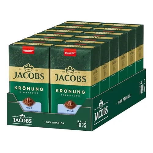 Jacobs Krönung Mild Filterkaffee, 12er Pack (12 x 500 g) - Milder Röstkaffee aus 100% Arabica Bohnen. Voller Geschmack und Aroma, ideal für entspannte Kaffeepausen. Praktisch vakuumverpackt für frische Genussmomente.