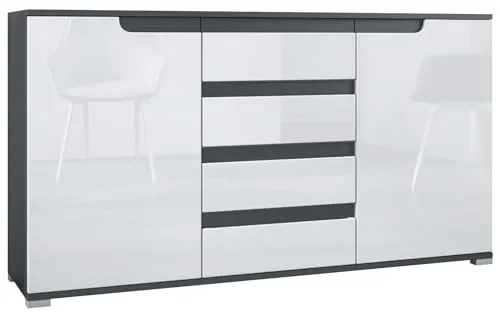 Vladon Sideboard Sylt V1 - Elegantes Sideboard in Anthrazit matt mit weißer Hochglanzfront, bietet großzügigen Stauraum durch 4 Schubladen und 2 Türen – ideal für modernes Wohndesign.