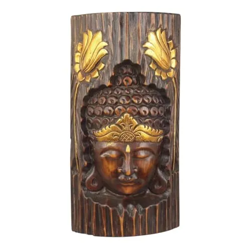 Oriental Galerie Buddha Kopf Wandrelief - Handgeschnitzte Holz Deko - Wandskulpturen aus hochwertigem Albasia Holz mit goldfarbenen Verzierungen, 40 cm hoch. Ideal für eine friedvolle Atmosphäre in Wohnräumen oder als spirituelles Geschenk.