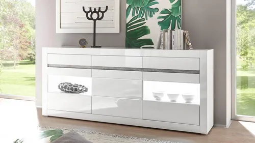 Sideboard Carat in Weiß Hochglanz und Beton Grau - Anrichten & Buffets, modernes Design mit großzügigem Stauraum durch Schubfächer und Türen, ideal für Ess- und Wohnzimmer.