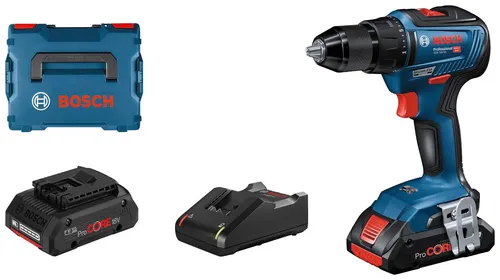 Bosch Akku-Bohrschrauber GSR 18V-55 mit 2x ProCORE18V Akkus - Akkuschrauber mit 55 Nm Drehmoment, ideal für anspruchsvolle Projekte. Inklusive 2 leistungsstarker Lithium-Ionen Akkus und Schnellladegerät für effizientes Arbeiten.