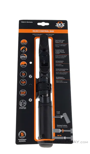 SKS Injex Control Digi Minipumpe schwarz - Präzise digitale Minipumpe für Fahrräder, kompakt und leicht, ideal für unterwegs. Mit integriertem Drucksensor für müheloses Aufpumpen.