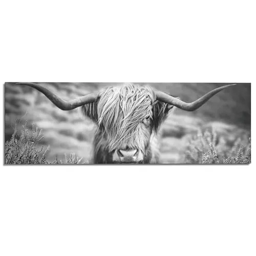REINDERS Wandbild, Highlander Bulle, Wohnzimmer, Bilder, Wanddeko, Room Decor, MDF, Schwarz-Weiß, 52x156cm