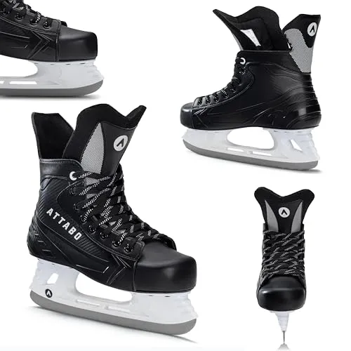 ATTABO Hockey Schlittschuhe Herren in Schwarz Größe 44 EU Eishockey Schlittschuhe mit Schnürung Eislaufschuhe Herren mit Edelstahlklinge Ice Skates Für Anfänger bis 100 kgKomfortabel und Warm
