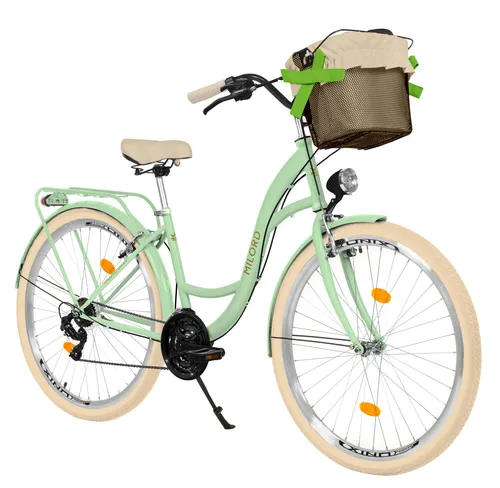 MILORD Damenfahrrad Citybike Komfort mit Metallkorb, 28 Zoll, 21-Gang, Grün-Creme - Elegantes 28 Zoll Damenfahrrad mit Metallkorb und 21-Gang-Antrieb. Ideal für entspannte Stadtfahrten und praktischen Transport. Genießen Sie Komfort und Stil in einem!