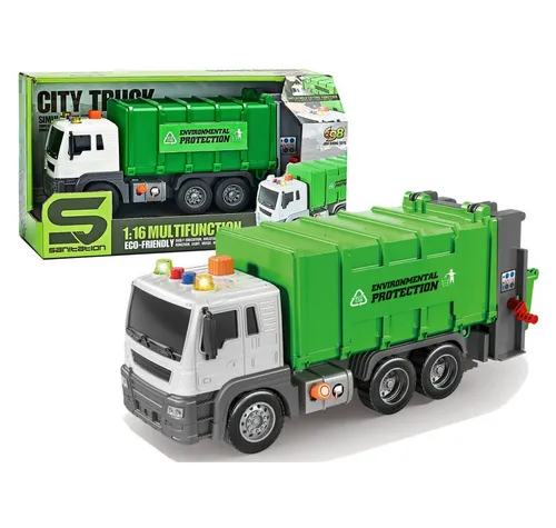 LEAN TOYS Spielzeug-Boot Müllwagen mit Reibantrieb, Soundeffekte, grün, 1:16, Sortierung