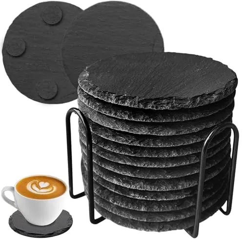 Stück Schiefer Untersetzer mit Halter, 10x10 cm schwarzer Glasuntersetzer eckig mit kratzfester Unterseite, Quadratische Tisch-Untersetzer Servierplatten für Bar, Küche, Heimdekoration (B) 12