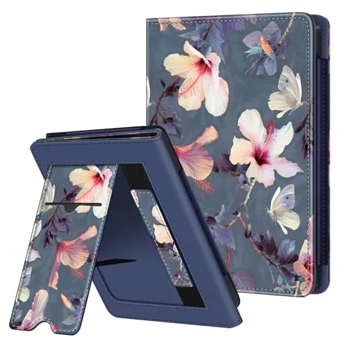 Fintie Hülle für Tolino Shine Color/Shine 5(2024)/Shine 4(2022) & Kobo Clara Colour/Clara BW(2024)/Clara 2E(2022) - Kickstand Hülle mit Kartenfach Handschlaufe und Auto Sleep/Wake, Blühender Hibiskus