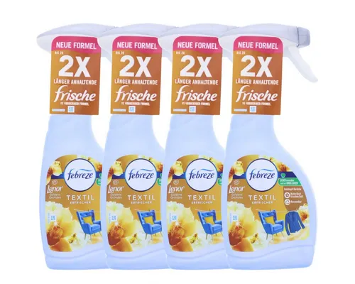 Febreze Textilerfrischer Lenor Goldene Orchidee, 4 x 500ml - Effektiver Textilerfrischer zur Beseitigung alltäglicher Gerüche in Textilien. Hinterlässt einen frischen Duft und ist ideal für Kleidung, Teppiche und mehr. Praktische Sprühflasche für einfache Anwendung.