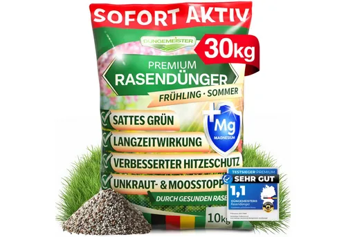 DÜNGEMEISTER Rasendünger - Sattgrüner Traumrasen sofort mit KI Formel - Dünger für gesunden, dichten Rasen mit revolutionärer NPK/Organisch Formel. Entwickelt für höchste Widerstandsfähigkeit und sofort sichtbare Ergebnisse.