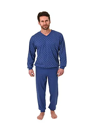 Herren Pyjama Schlafanzug Langarm mit Bündchen - V-Hals - 181 101 90 001, Farbe:Marine, Größe:56