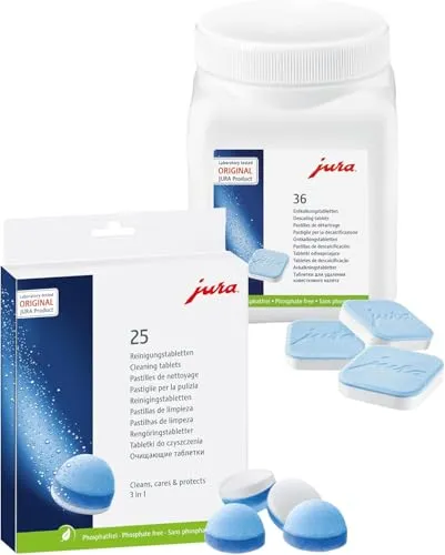 JURA Kombi Pack Kaffeevollautomaten-Reinigungsset - Praktisches Set zur Pflege von Kaffeevollautomaten mit 25 Reinigungstabletten und 36 Entkalkungstabletten für eine optimale Leistung und Langlebigkeit der Geräte.