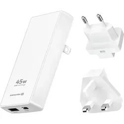 Swissten Reiseadapter GaN USB-C + USB-A 45 W - Ladegeräte - kompakter Reiseadapter mit Schnellladeunterstützung, ideal für unterwegs, Gesamtleistung 45 W, austauschbare Stecker für US, EU und UK.