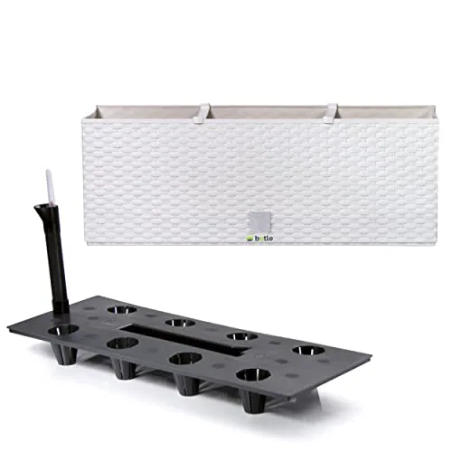 Pflanzkübel rechteckig Blumentopf Pflanzkasten 51,5 cm 17 L Weiss Blumenbank in Rattan-Optik Rato Serie mit Bewässerungssystem