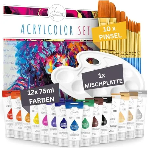 Amandi Van Gaunet Acrylfarben Set – 16 Acryl Farben mit 75ml Pigment & 10 Pinsel – Wasserfestes Acrylfarbenset für Papier, Stein, Holz, Keramik, Stoff, Leinwand & Glas – Schnell trocknend