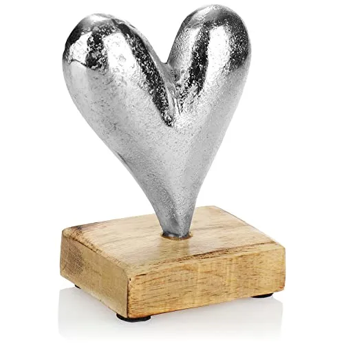 COM-FOUR Premium Herz Ständer - Metall Herz auf Mangoholz Fuß - Dekoration zum Stehen und Geben als Geschenk (Größe S)