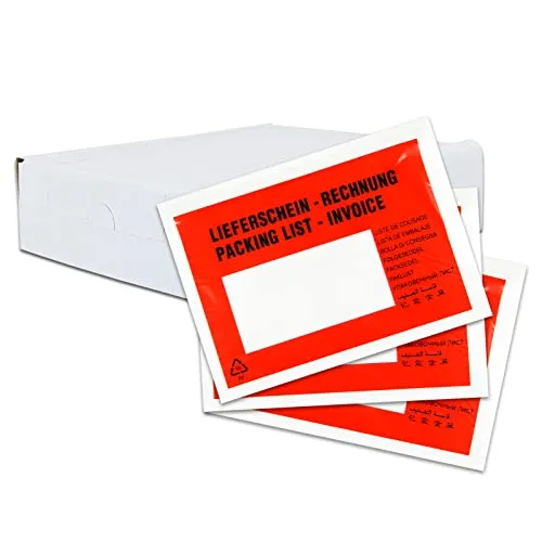 Produktbild versando 250 Lieferscheintaschen C6 selbstklebend Dokumententaschen Begleitpapiertaschen rot/schwarz bedruckt Lieferschein/Rechnung in Spenderbox