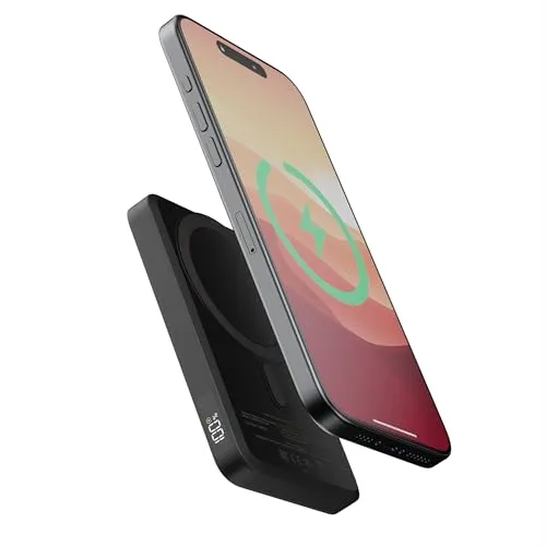 Xtorm Wireless Powerbank mit MagSafe 5.000 mAh Schwarz - Powerbank mit MagSafe für kabelloses Aufladen, 5.000 mAh für vollständige iPhone-Ladung, kompakt und tragbar, ideal für unterwegs.