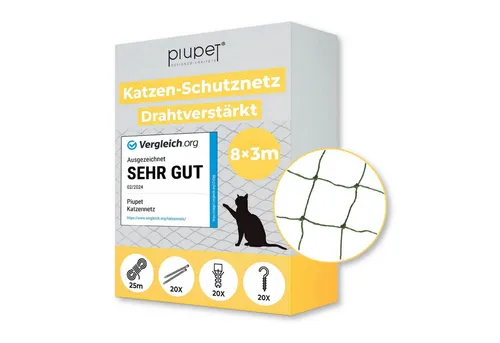 PiuPet® Katzennetz drahtverstärkt 8 x 3 m - Sicherer Balkon- und Fensterschutz - Sicherheitsnetze für Katzen, drahtverstärkt und ideal für Balkone und Fenster, schützt Ihre Katze vor Stürzen.