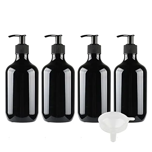ZEOABSY 4 Stück Leere 500 ml Kunststoff Schwarz Seifenspender, 500ml 16.9 oz Lotionspender Flasche mit Gelspender Pumpflasche zum befüllen für Shampoo Badezimmer Hotel Lotion, Gel mit Trichter