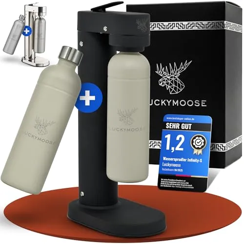 Luckymoose Infinity-S Wassersprudler aus Edelstahl (Black/Sand) – inkl. 2x 1,25L Flaschen – hygienische, herausnehmbare Düse - Erlebe sprudelndes Wasser mit dem kompakten Luckymoose Infinity-S! Die herausnehmbare Düse sorgt für einfache Reinigung, während die zwei Edelstahlflaschen für mehr Volumen und langlebigen Genuss stehen.
