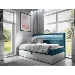 MIRJAN24 Boxspringbett Gold Junior 2 - 80x200 cm, Blau - Komfortables Einzelbett mit Bonellfederkern und Härtegrad H3, ideal für erholsamen Schlaf. Inklusive Bettkasten für praktischen Stauraum und stylischer Beleuchtung.