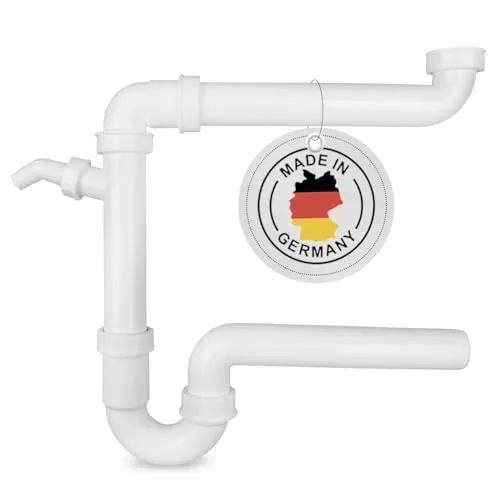 AQUADE Raumsparsiphon Küche aus Kunststoff Weiß 1 1/2 Zoll x 40 mm mit waagerechtem Abgang und 1 Abwasserаnschluss 19-23 mm