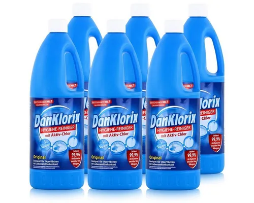 DanKlorix Hygiene-Reiniger 1,5L - 6er Pack mit Aktiv-Chlor - Allzweckreiniger für maximale Hygiene – beseitigt 99,9% aller Bakterien und Schimmel, ideal für Lebensmittelkontaktflächen und weiße Wäsche.