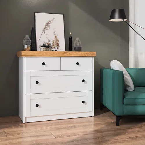 Homestyle4u 2228 Kommode Sideboard Eiche Matt Weiß - Moderne Kommode im skandinavischen Stil mit 4 Schubladen für optimalen Stauraum. Ideal für Wohn-, Schlaf- und Esszimmer, passt perfekt zu jedem Einrichtungsstil.