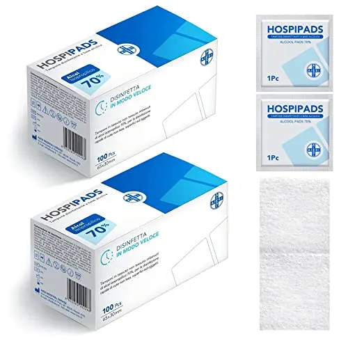 AIESI® Alkoholtupfer (2x100 Stück) Isopropylalkohol 70% Abmessungen 65x30 mm einzeln verpackt HOSPIPADS