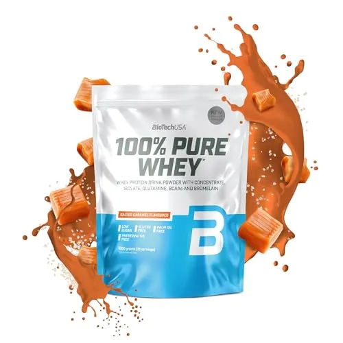 BioTechUSA 100% Pure Whey - Proteinpulver mit BCAA und Glutamin, 1 kg, Salziges Karamell - Molkenproteine mit 21g Protein pro Portion, glutenfrei und ideal für Fitnessbegeisterte, die Geschmack und Nährstoffe schätzen.