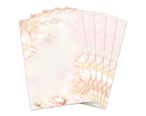 Briefbögen DIN A4, beidseitig per Hand beschriftbar und mit allen Druckern und Kopierern bedruckbar für Einladungen Briefpost Firmenpost Urkunden Zertifikate, zarte Rosen, pastellfarben, Aquarell 50