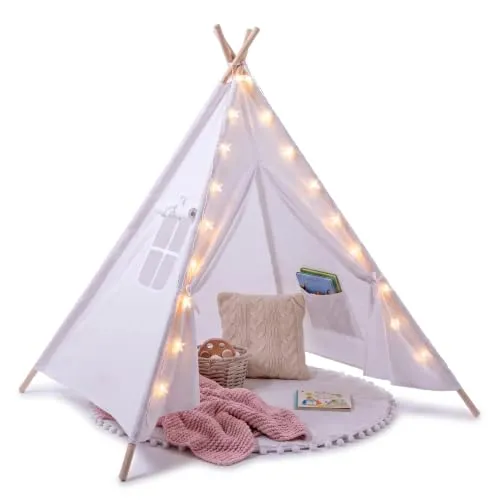 Relsy Elfenbeinweißes Tipi-Zelt für Kinder, weißes Sternenlichter-Zelt für Mädchen und Jungen, 140 x 120 cm, Baumwollleinen, mit kreisförmiger Matte