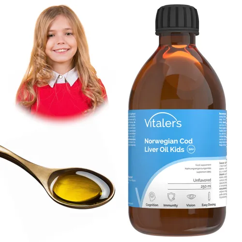 Vitaler's Norwegisches Lebertran Junior Omega3 1200mg für Kinder Immunität 250ml