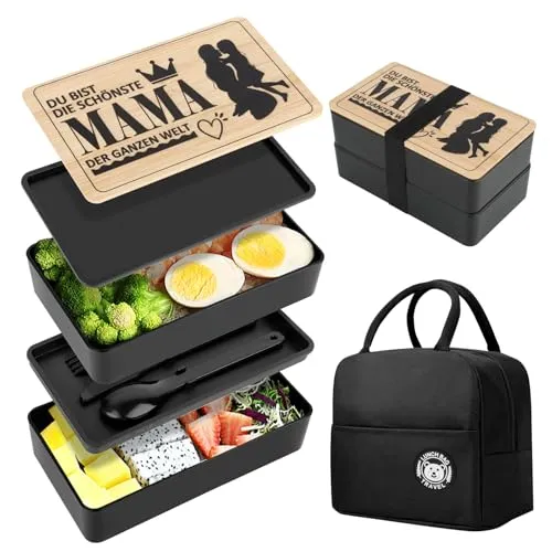YARVPUV Bento Box Japanisch,1200ml Lunchbox für Mama,mit Besteck und Lunch Bag Frühstücksbox,Doppelte Isolierte Bento Box,Geschenk zum Muttertag,Perfekte Lunchbox für Erwachsene und Kinder