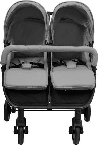 Geschwisterwagen Hellgrau und Schwarz aus Stahl - Robuster Geschwisterwagen in modernem Design, ideal für Geschwisterkinder und bequemes Reisen mit zwei Kleinen.