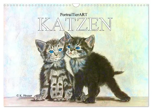 PortraiTierART Kerstin Heuser - Katzen Wandkalender 2026 - Kalender mit 14 Seiten, bietet authentische Porträtzeichnungen von Katzen und Kätzchen, ideal für Tierliebhaber und Kunstliebhaber.
