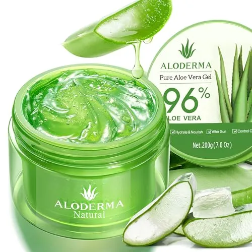 Aloderma Organic Aloe Vera Gel for Face & Body, Made within 12 Hours of Harvest, 96% Pure Aloe Vera Gel for Skin, Scalp, & Hair, Soothing Aloe Face Moisturizer, Hydrating Aloe Gel, 7oz SeEs