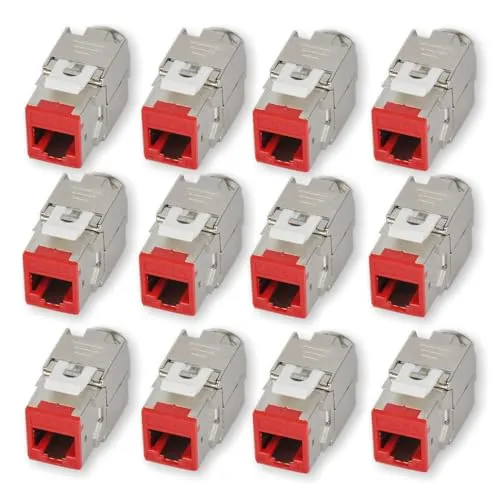 KOSCOM CONNECT 12x Keystone Modul CAT6A in rot | STP RJ45 Einbaubuchse für Netzwerk-Leerdose & Patchpanel | vollgeschirmt I bis zu 10 Gbit/s & 500 MHz | werkzeugfreie Snap-In Montage | AWG 22-25