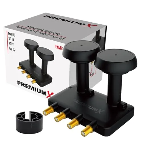 PremiumX Quad Monoblock LNB 0,1dB für Astra & Hotbird - LNB für 4 Teilnehmer mit nur 0,1dB Rauschmaß, ideal für Full HD und 3D Empfang. Perfekt für Astra & Hotbird Satelliten.