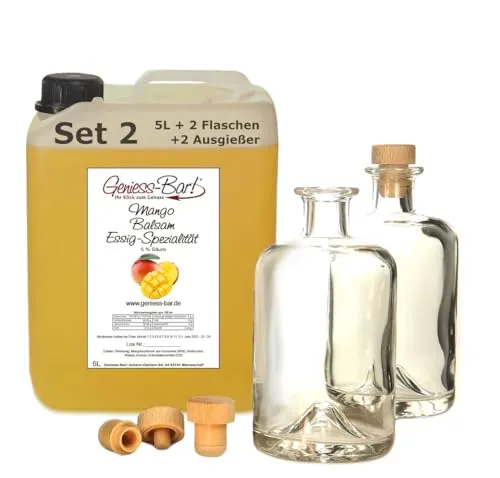 Exotischer Mango Balsam Essig - Spezialität 5L inkl. 2 Flaschen u. 2 Ausgießer mit 40% Fruchtmark vollfruchtig & sehr mild 5% Säure