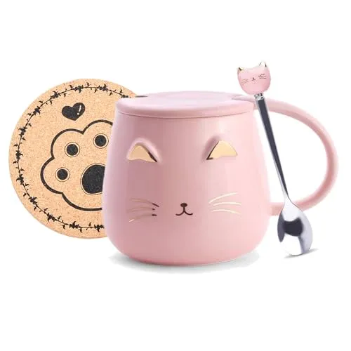 Süße Tasse Rosa Katze Kaffeetassen aus Keramik Lustig Teetassen mit Katzenpfote Löffel Heiße Schokolade Neuheit Becher Weihnachten Geburtstag Geschenk für Mädchen Frauen (Rosa)