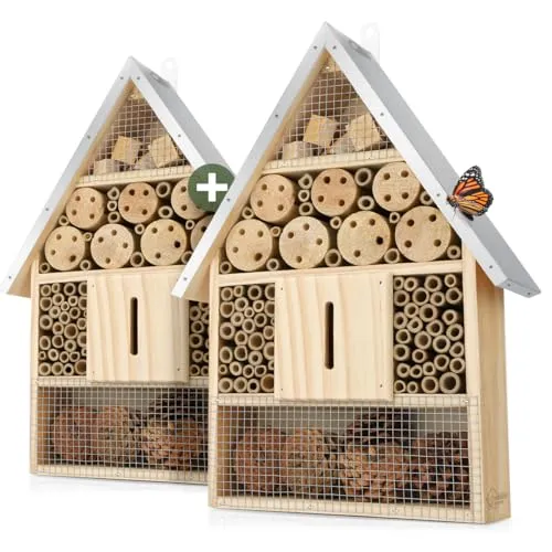 WILDLIFE HOME Großes Insektenhotel 2 Stück I Naturbelassen & Wetterfest, Insektenhaus aus Naturholz für Bienen, Wildbienen, Marienkäfer & Schmetterlinge, Bienenhotel & Nisthilfe zum Aufhängen, 2er Set