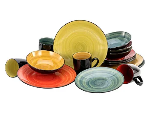 CreaTable 20210 SAMOA 16-teiliges Geschirrset - Kombiservice aus Steinzeug, spülmaschinen- und mikrowellengeeignet, mit modernem Design und handgemalter Spiral, ideal für stilvolle Tischdekoration.